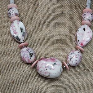 Necklace White Pink with painted designs Glass Beads 18" Japan